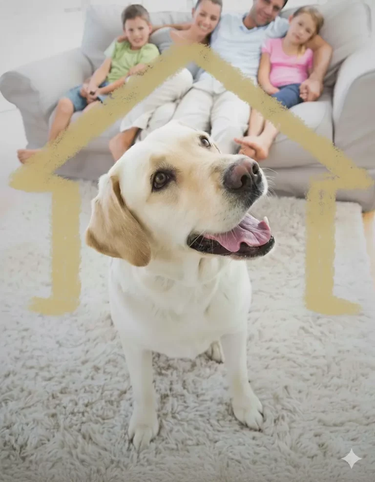 Family teaching their puppy at home using positive reinforcement